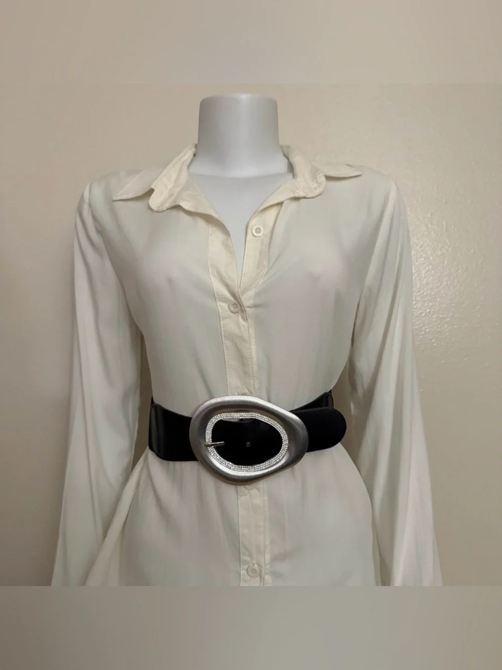 Black PU leather silver tone buckle rhinestone details elastic waistband belt